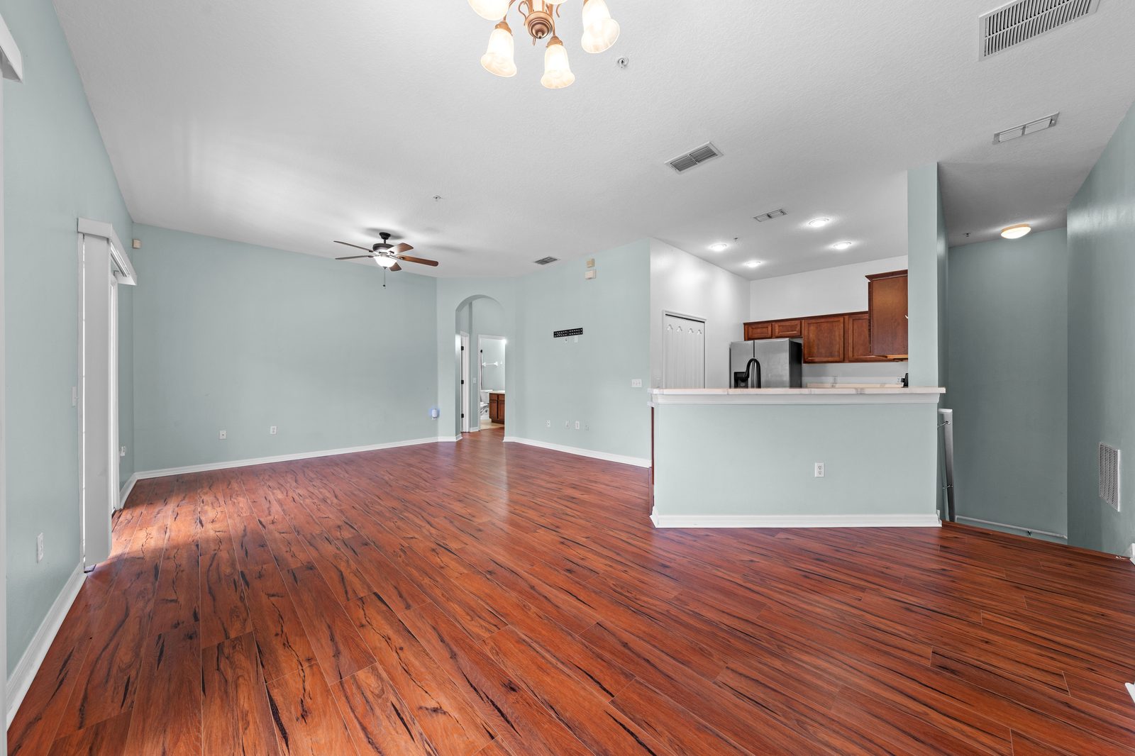 Open living area with view through to the kitchen